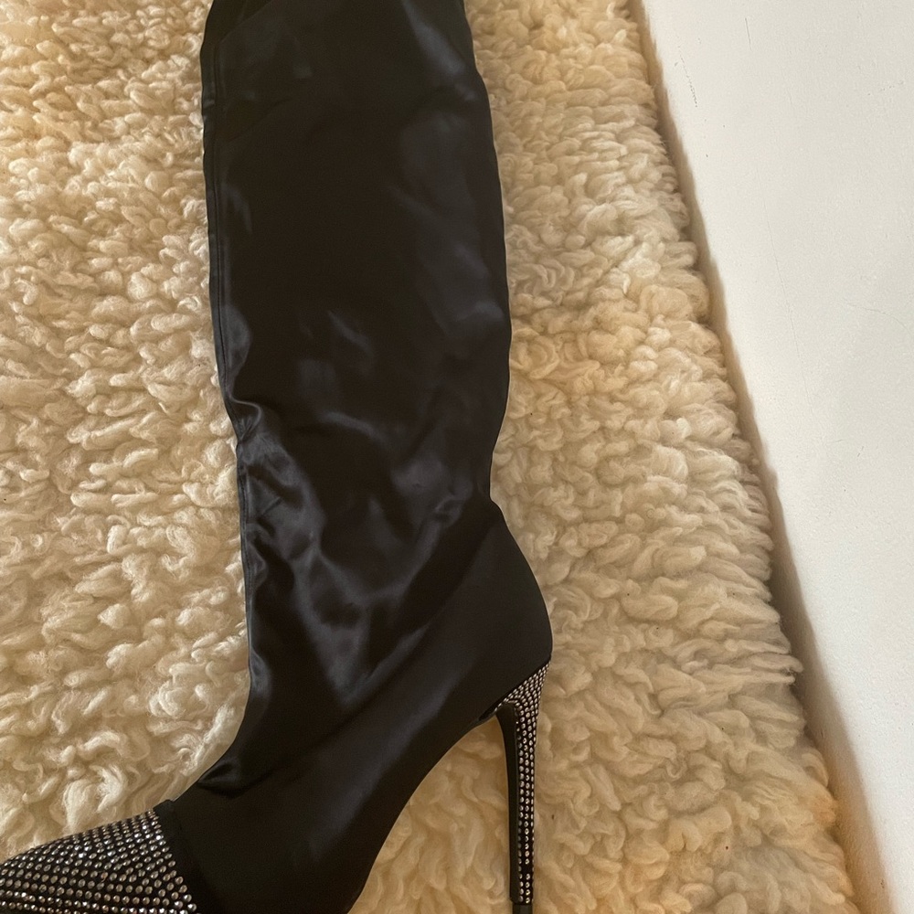 Black Satin Over-the-Knee Stiletto Boot with Crystal Heel